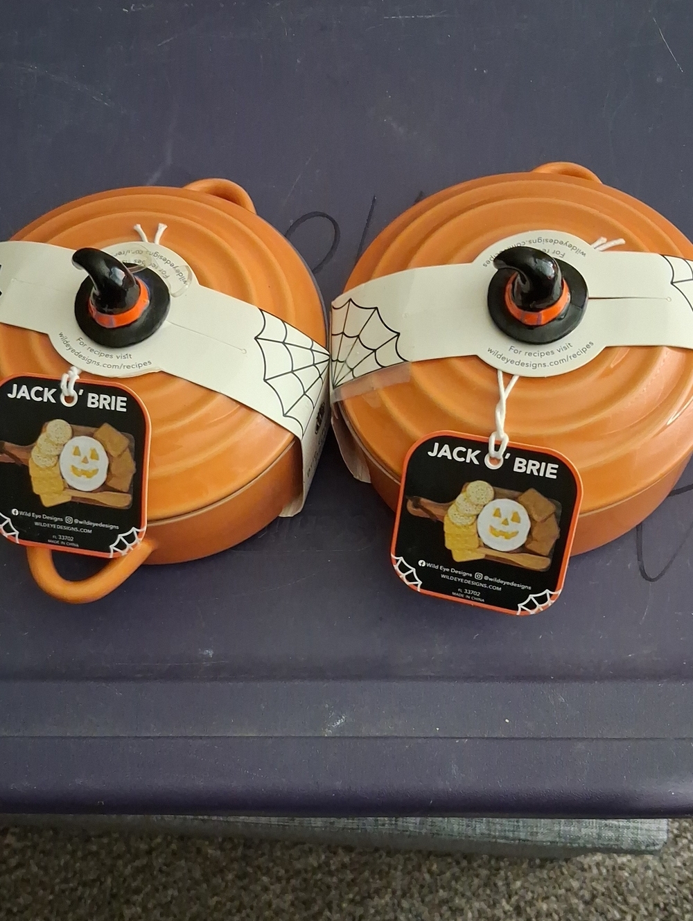 2- BNWT Jack-O-Brie Halloween Ceramic Brie Baker - Orange